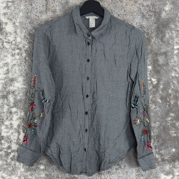 H&M Size 6 Floral Embroidered Long Sleeve Button Shirt Black White Houndstooth - Picture 1 of 9